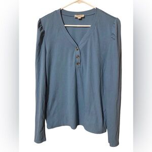 Loft Outlet Henley Top Womens Medium Blue Ribbed Puffy Long Sleeves Preppy Comfy